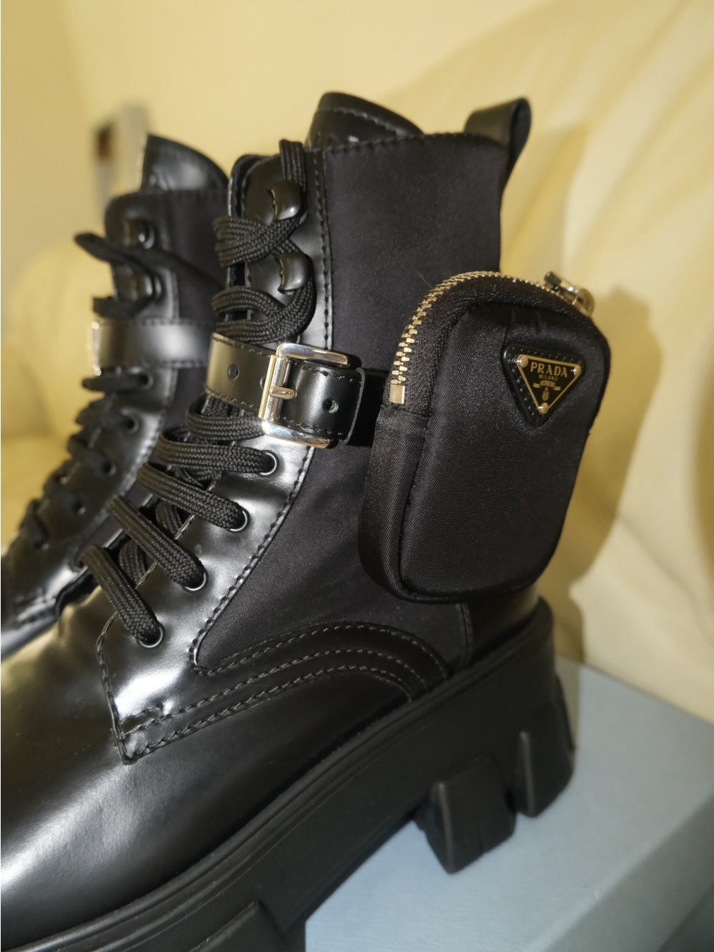 Prada Black Leather Combat Boots with Detachable Pouch - Picture 2 of 6